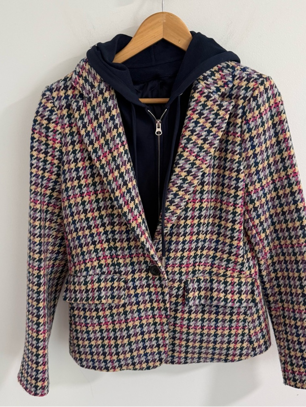 Anthropologie Multicolor Houndstooth Blazer with Navy dickie (removable) Hood